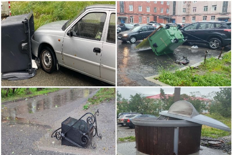 На машины раскидало мусорные баки ветром в Кировске На машины раскидало мусорные баки ветром в Кировске