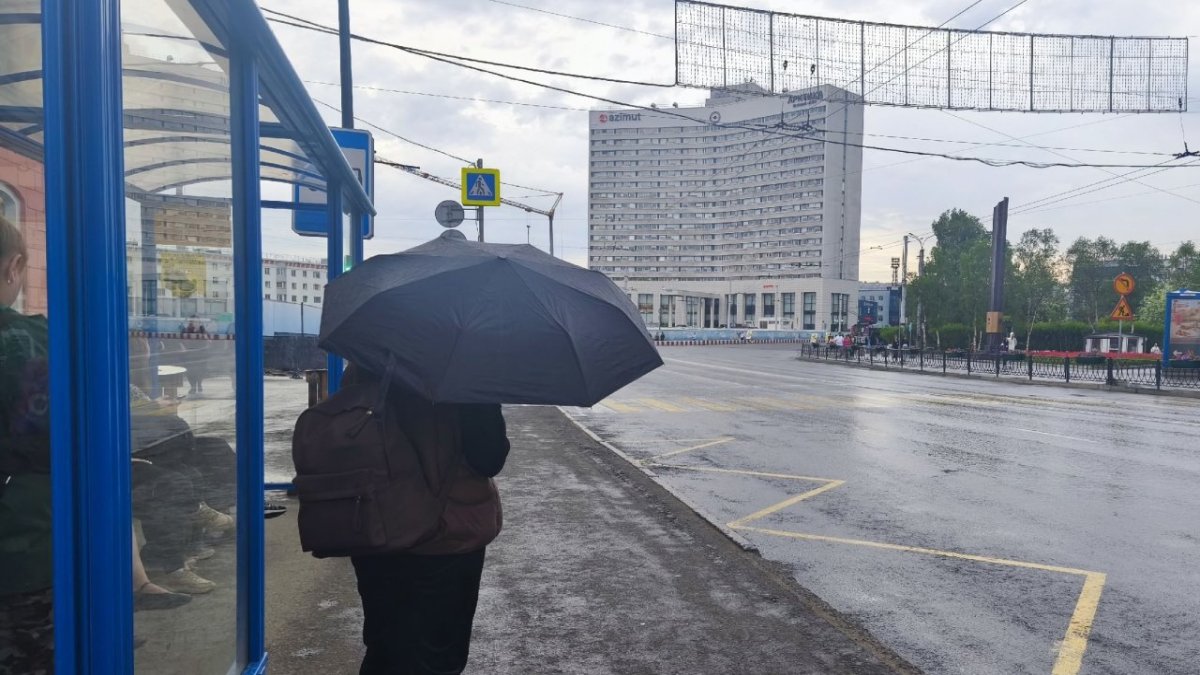 Женщина с зонтом стоит в дождливый день на остановке