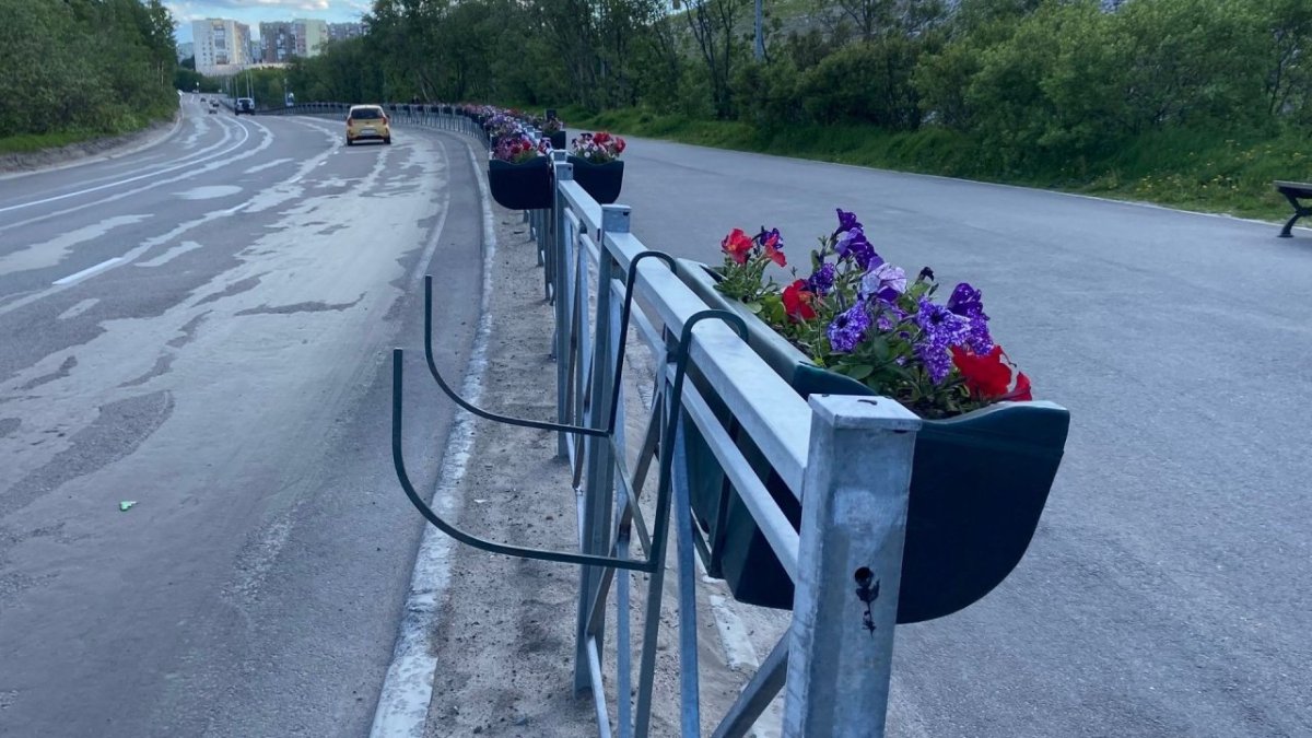 Вазоны с цветами прикрепленные к забору на дороге