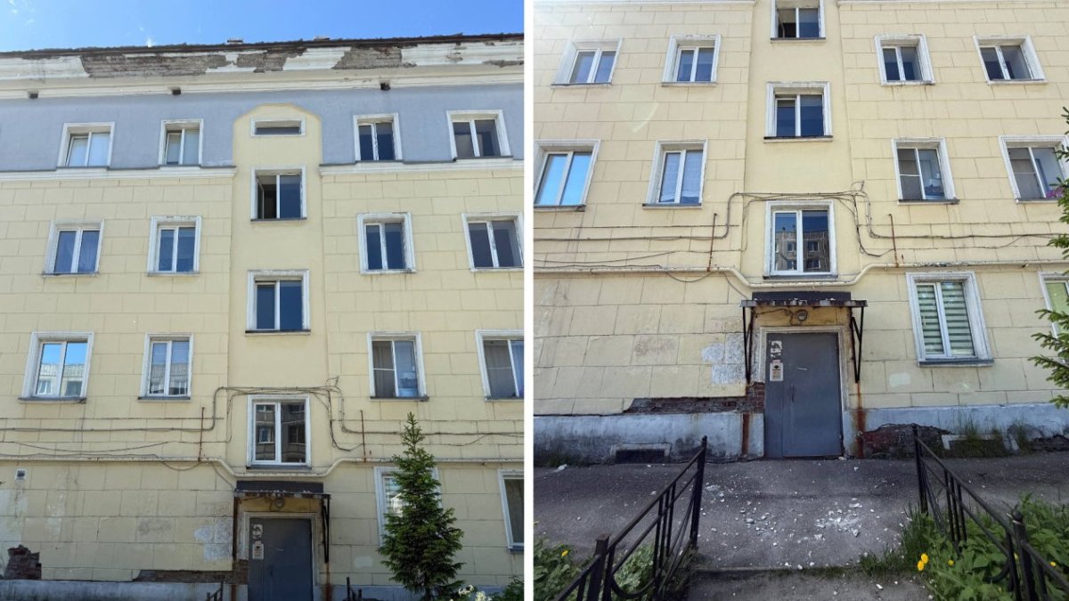Разрушение карниза сталинки в Мурманске