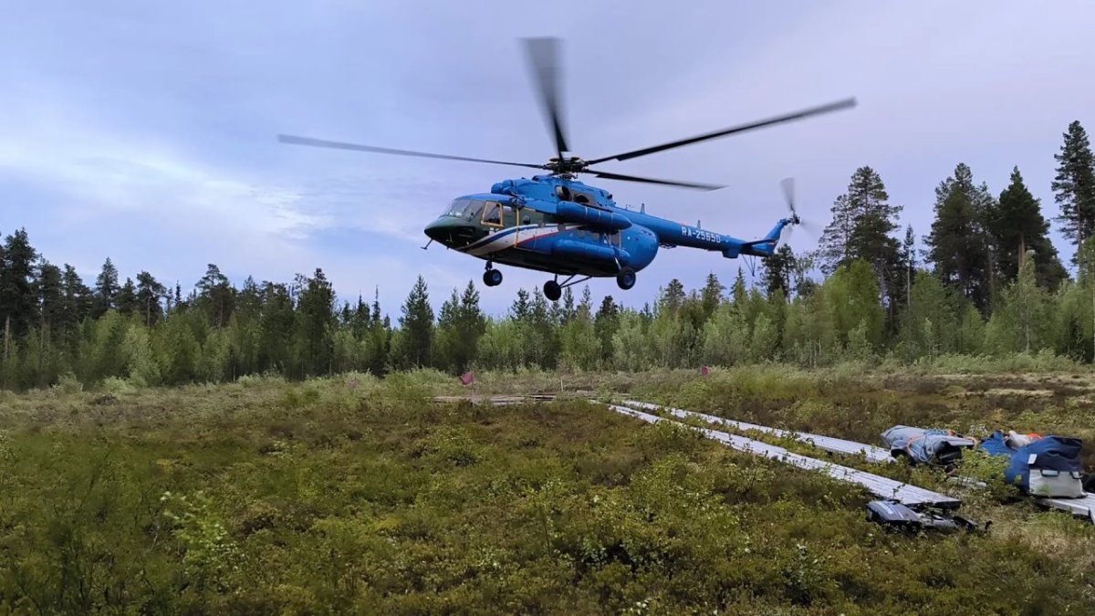 Вертолет садится на поляну посреди леса летом