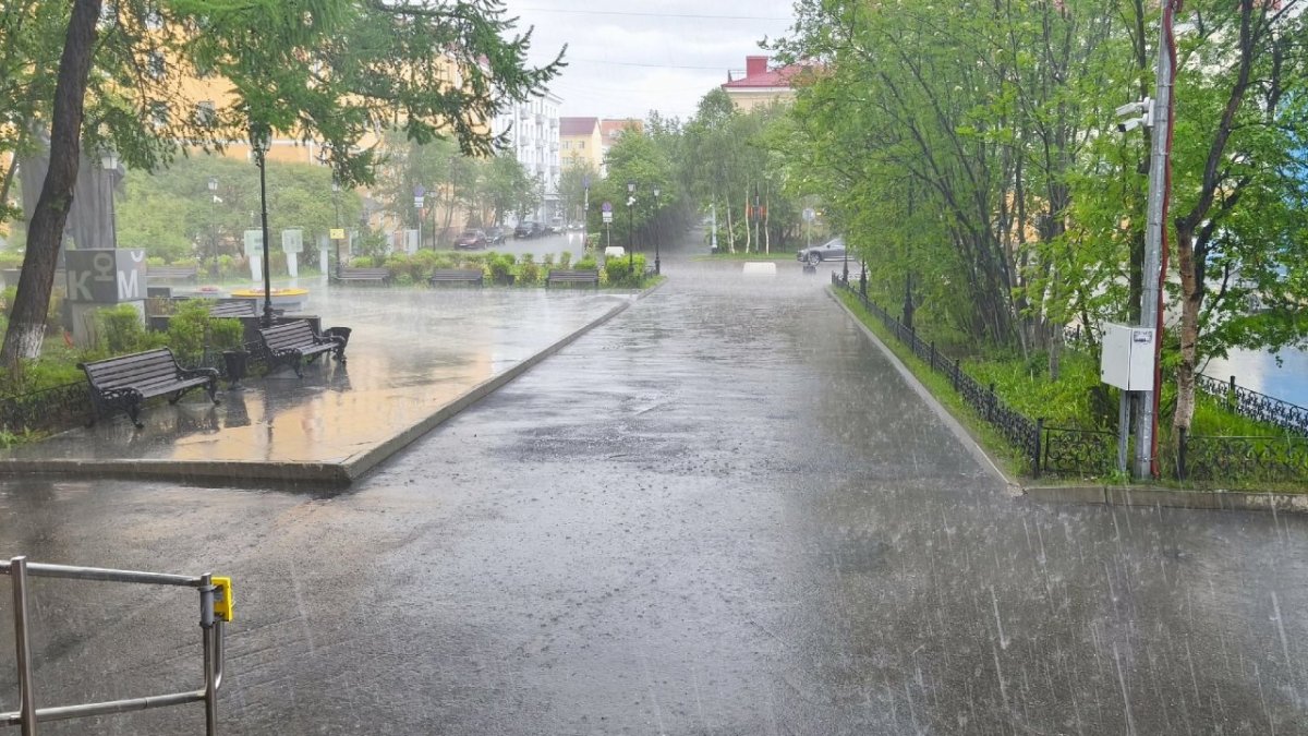 Сильный ливень идет днем в городе летом