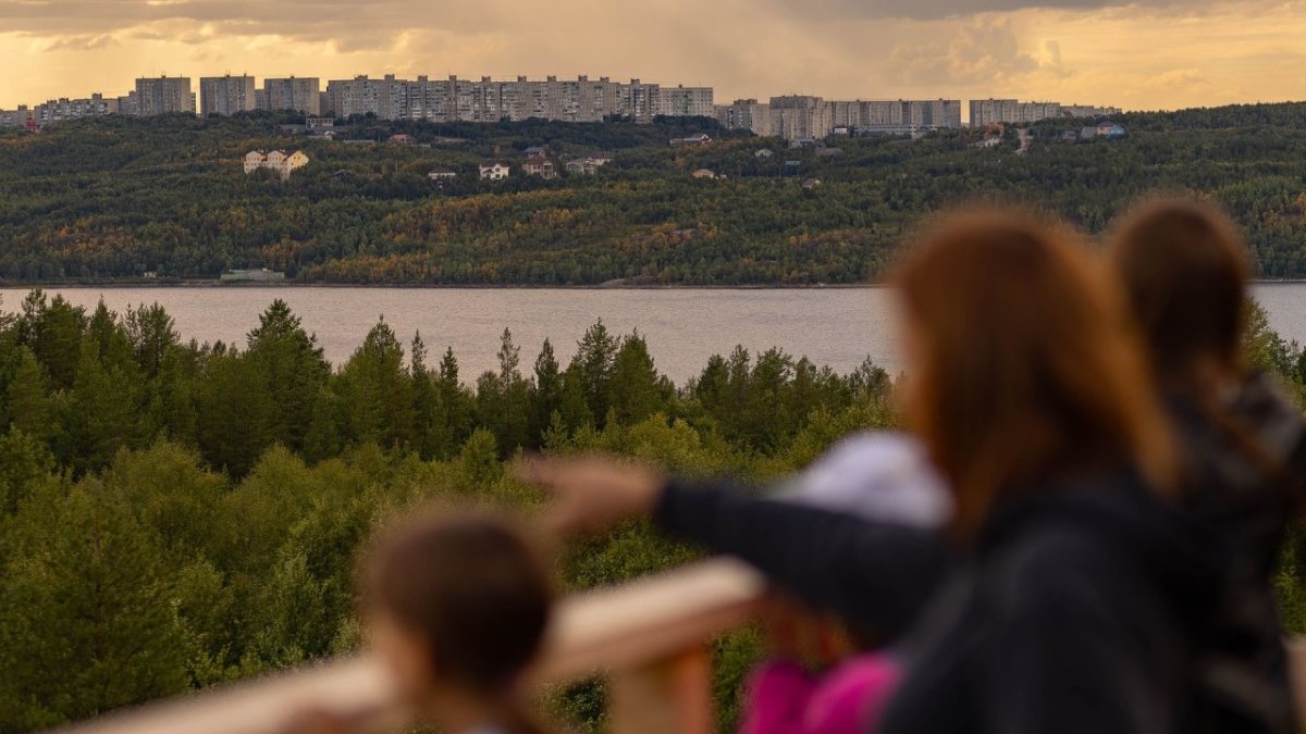 Люди стоят на смотровой площадке и смотрят на лес и озеро