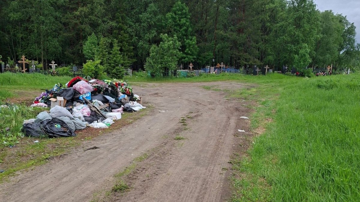 Мусорная свалка нвозле дороги на фоне кладбища летом