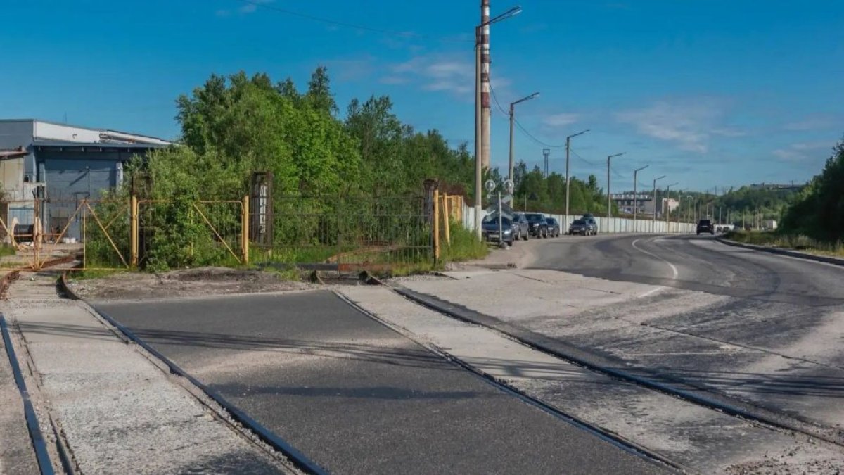 Железнодорожный переезд посреди дороги летом