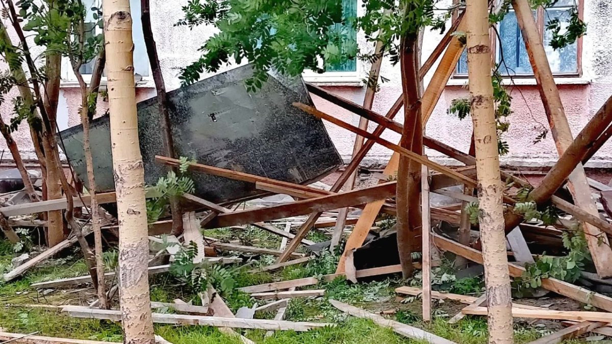 Различный строительный хлам лежит возле дома на земле и деревьях