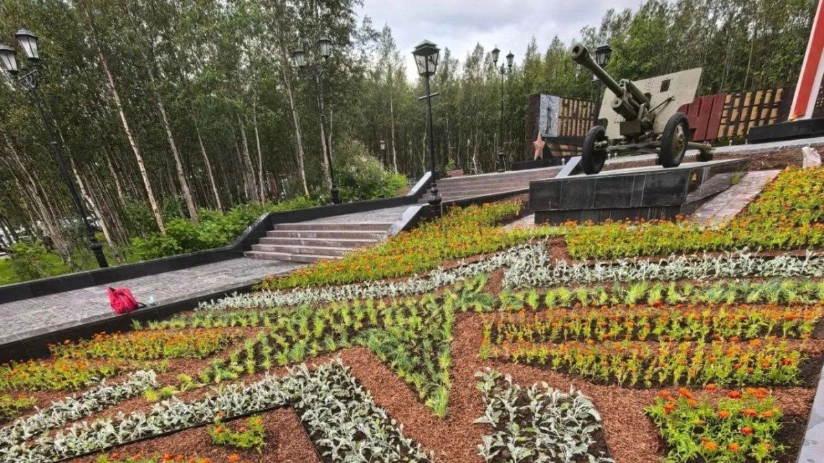Цветы высаженные в виде звезды у памятника