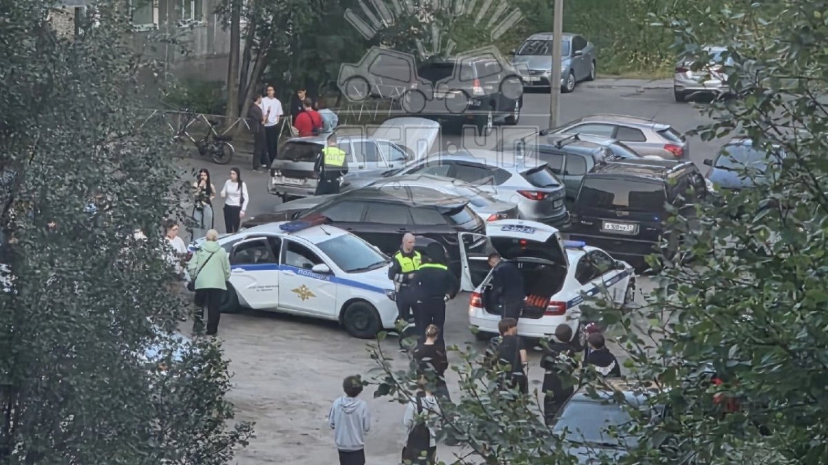 Жильцы двора и сотрудники ГАИ стоят среди автомобилей на улице летом возле домов.