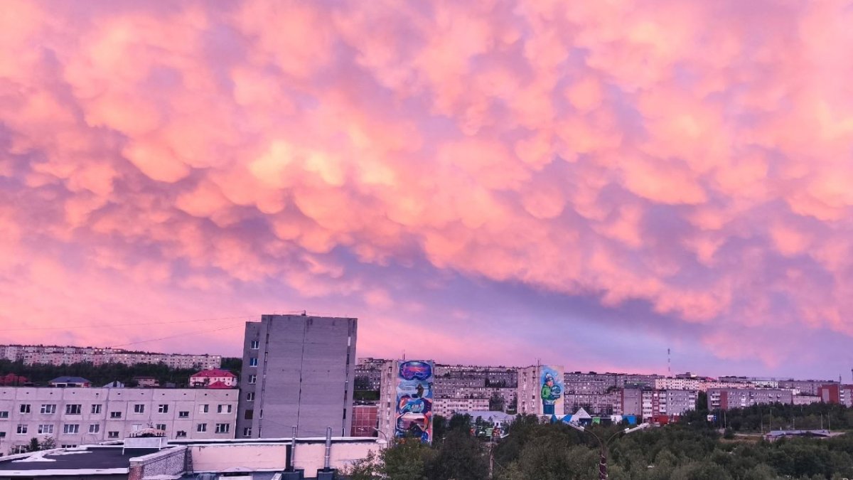 Небо яркого розового неба на фоне города.