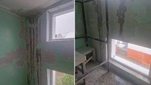 «Через новые окна хлынул водопад»: в Снежногорске дождем смыло свежую штукатурку в подъезде