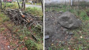 Огромный валун, труба и стволы: в Апатитах после ремонта газон завалили строительным хламом