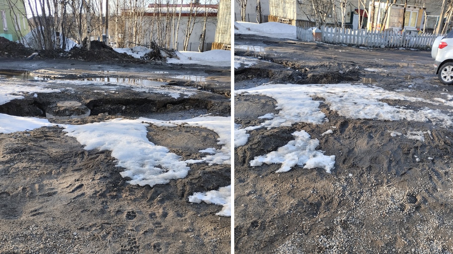 «Боимся, что провалимся»: во дворе на Куйбышева в Мурманске после ремонта остались глубокие ямы