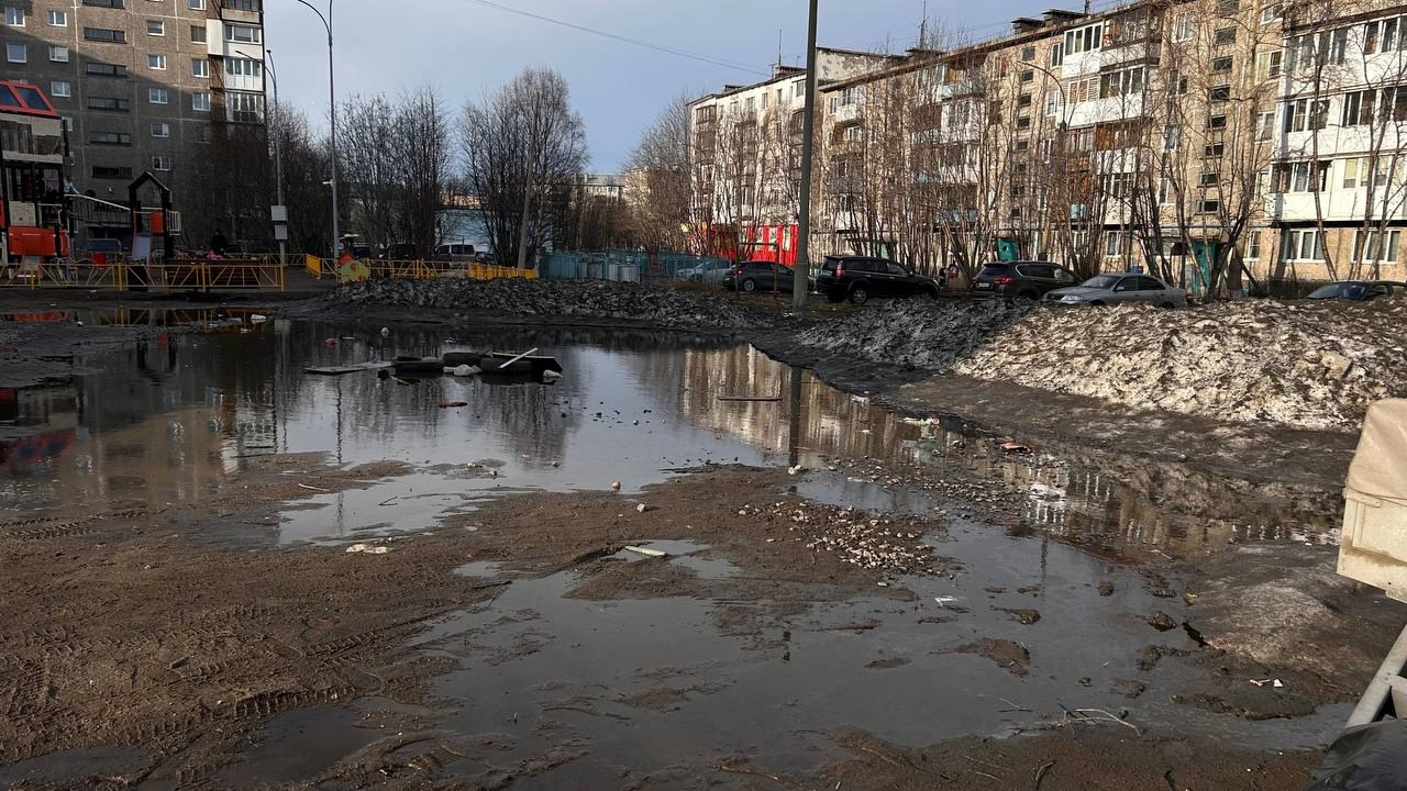«Не просыхает даже летом»: во дворе дома на Лобова в Мурманске образовалось болото