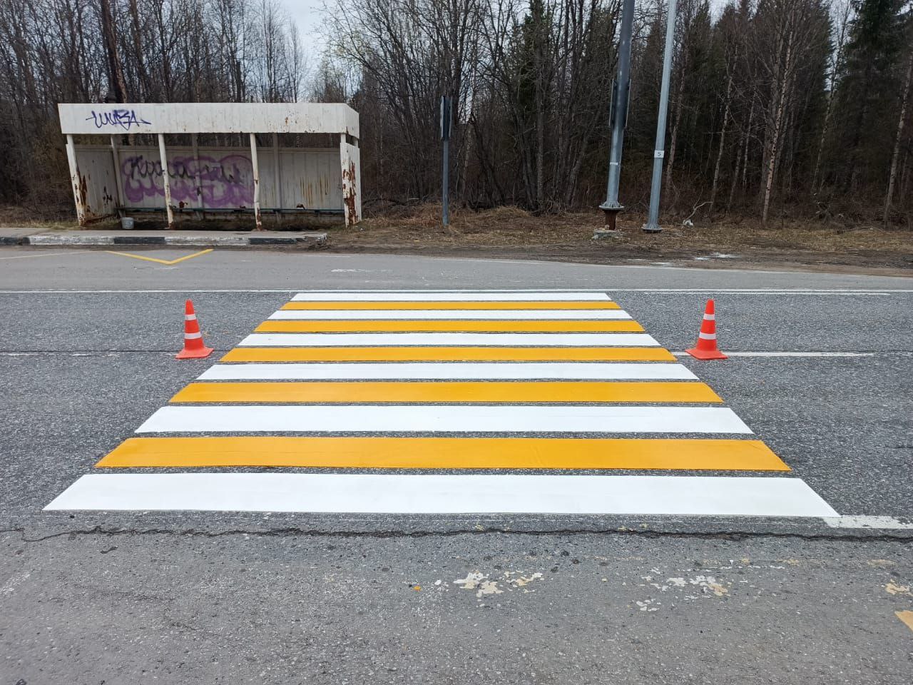На загородных трассах Мурманской области наносят разметку холодным пластиком