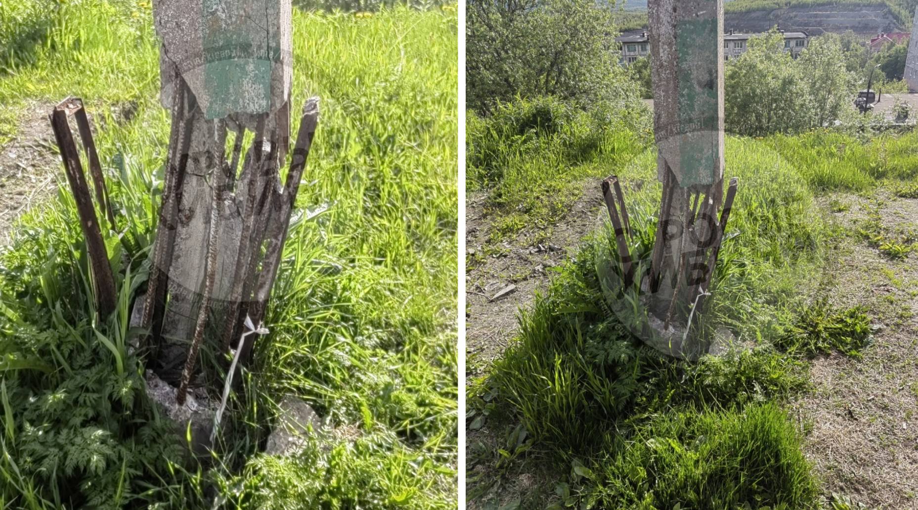 «Скоро упадёт на тротуар»: в Кировске фонарный столб держится на остатках арматуры