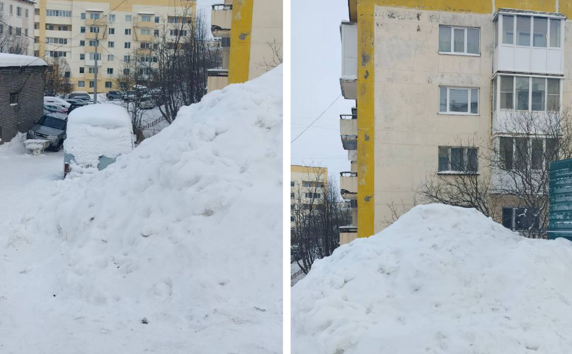 «Нагребли за зиму!»: в Заполярном снежная гора закрыла окна второго этажа, а вывозить её не спешат