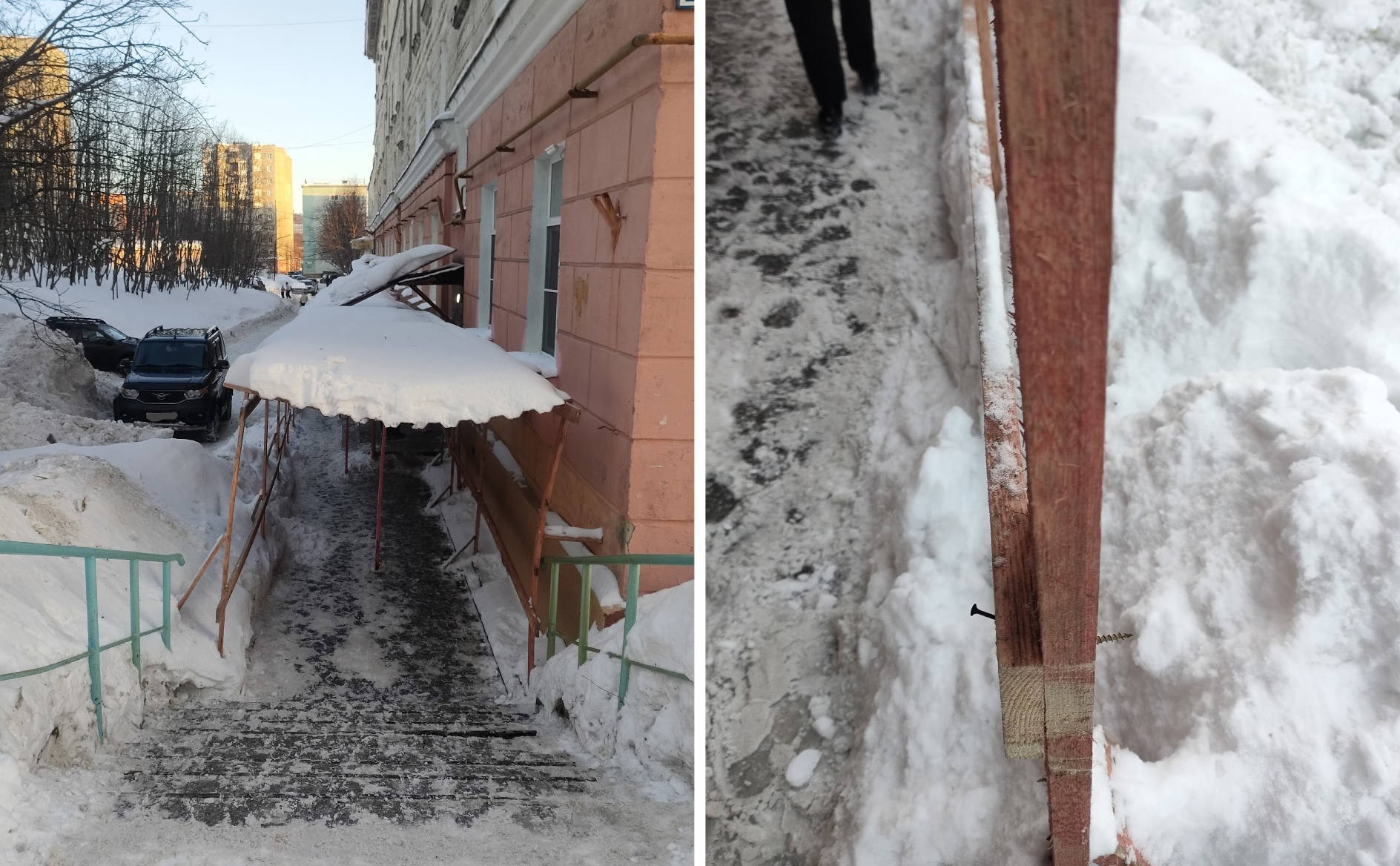 Опоры и крыша прогнулись от снега: защитный навес на Комсомольской в Североморске угрожает пешеходам
