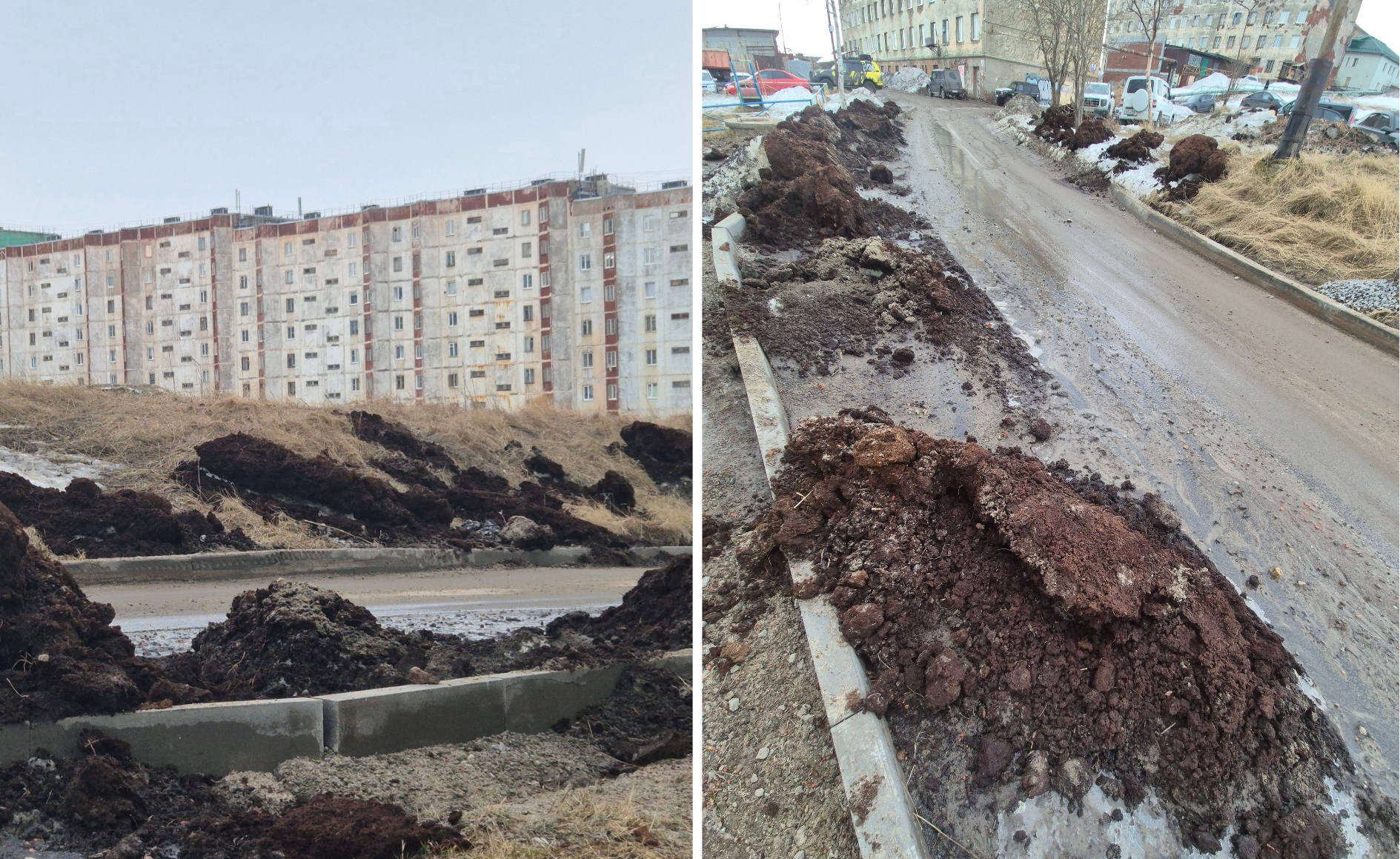 «Люди ходят по грязи»: в Полярном кучи земли для озеленения лежат на дороге с ноября