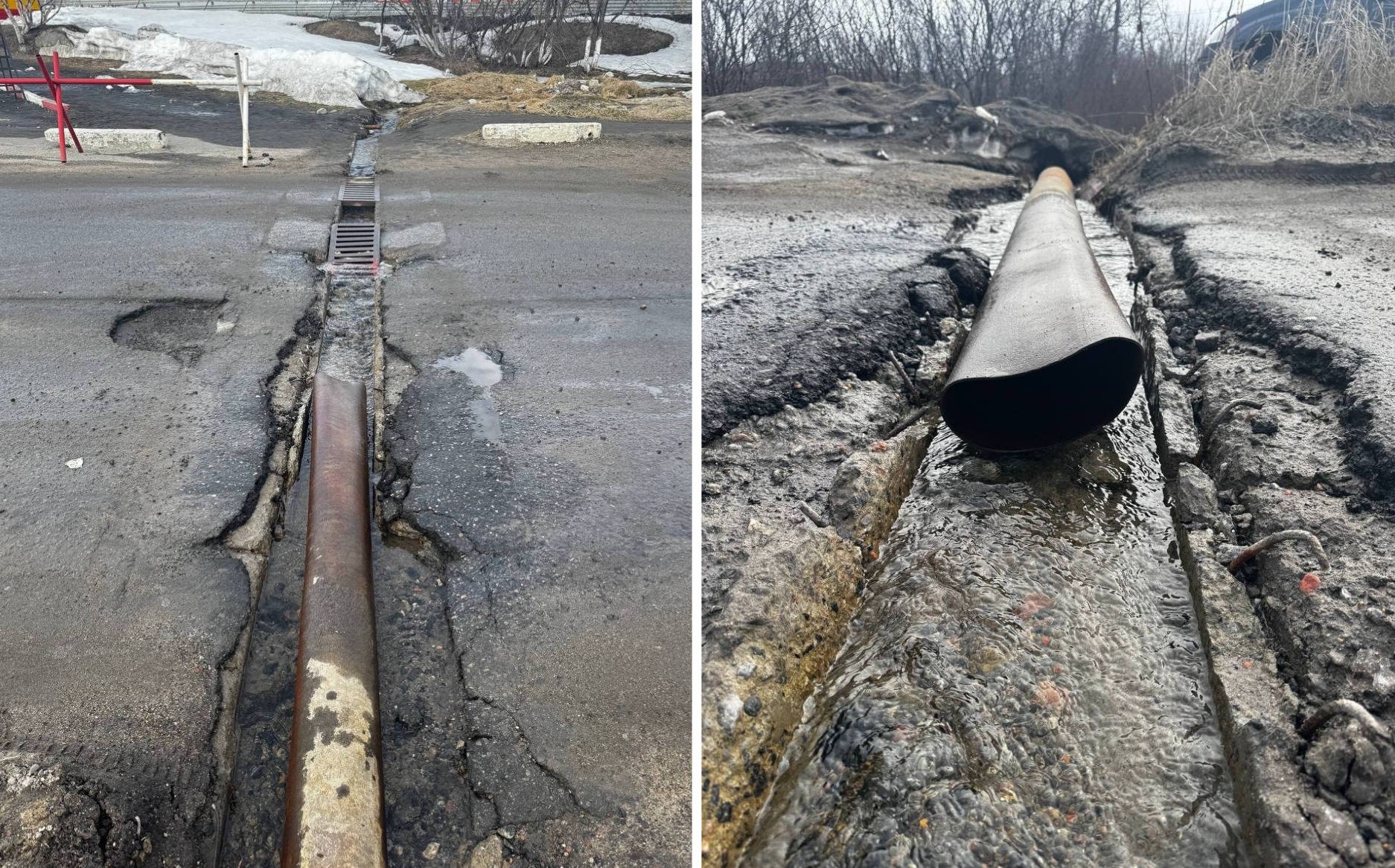 Дорогу буквально смывает: в Оленьей Губе ручьи уничтожают асфальт на пути к жилым домам