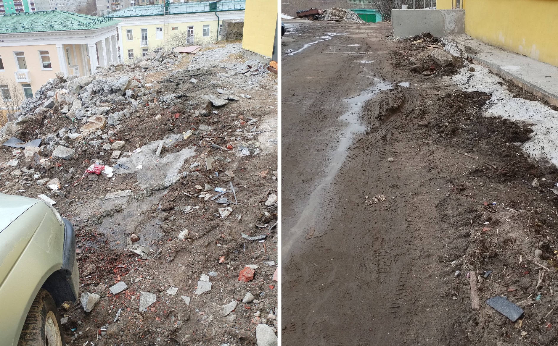 «Осенью ремонт, а теперь — такая картина»: в Полярном двор дома на Героев «Тумана» утопает в мусоре