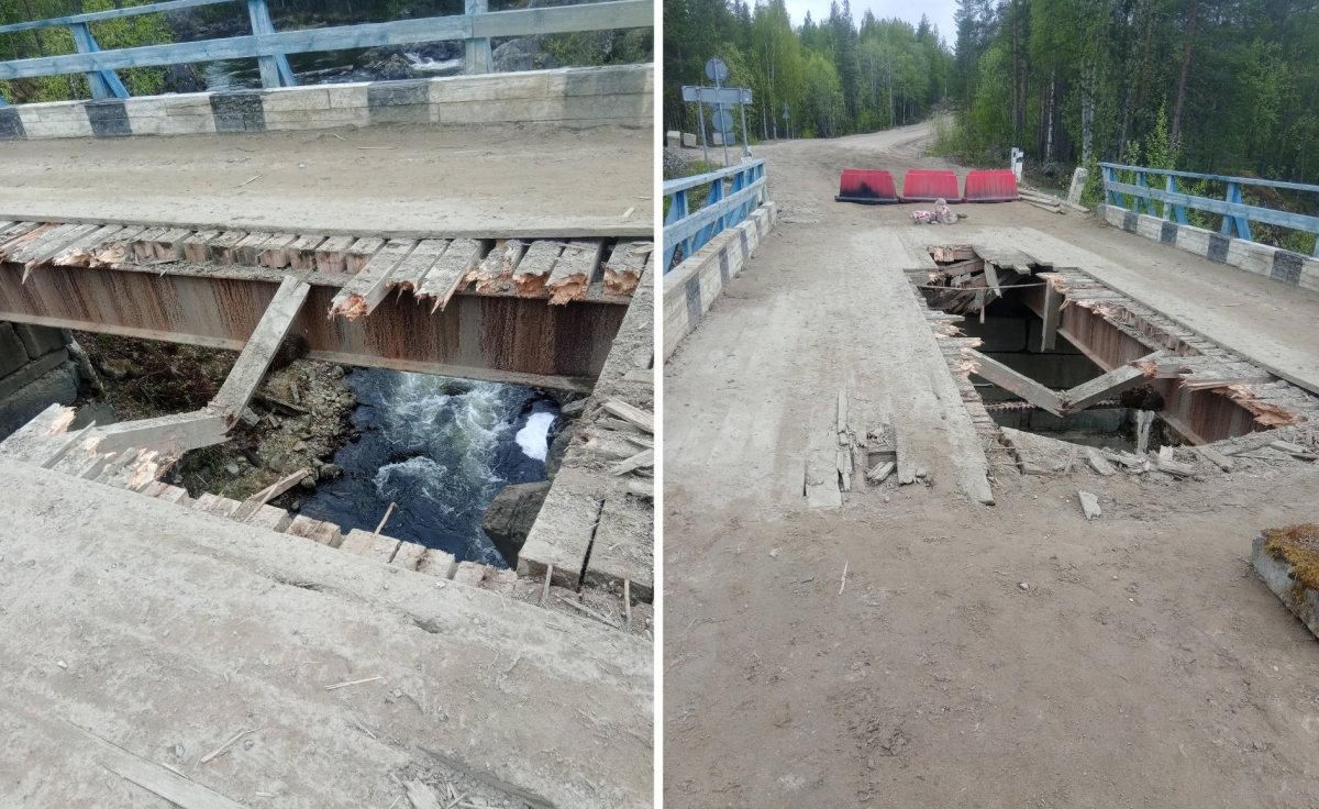 В дыру из сломанных досок видно реку: аварийный мост заблокировал путь в поселок под Кандалакшей